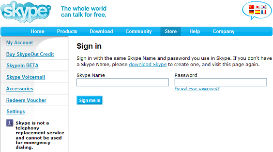 Le formulaire de login de Skype